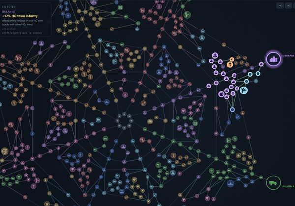 The Cargostrife talent board: hundreds of linked nodes coloured by class, spread across eight wedges